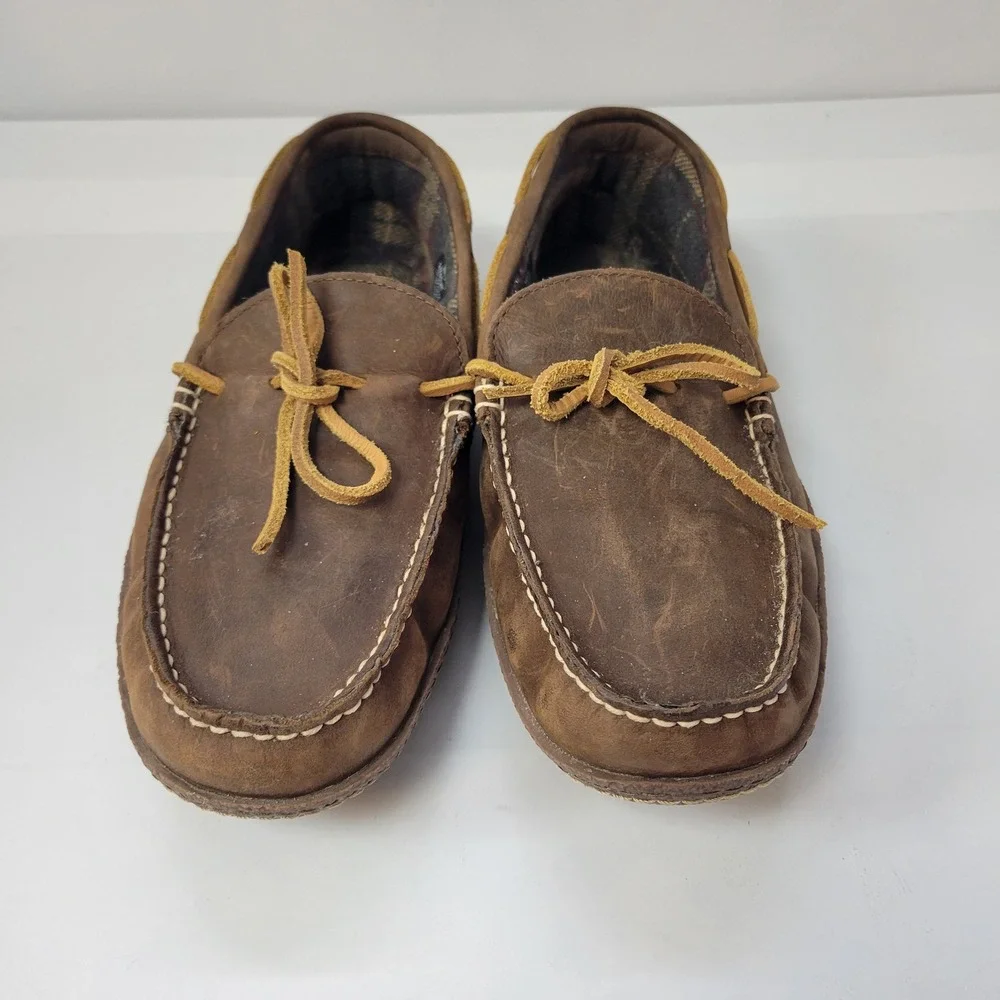 LL Bean Mens Brown‎ Leather Moccasin Slippers Cozy Plaid Lined Size 9